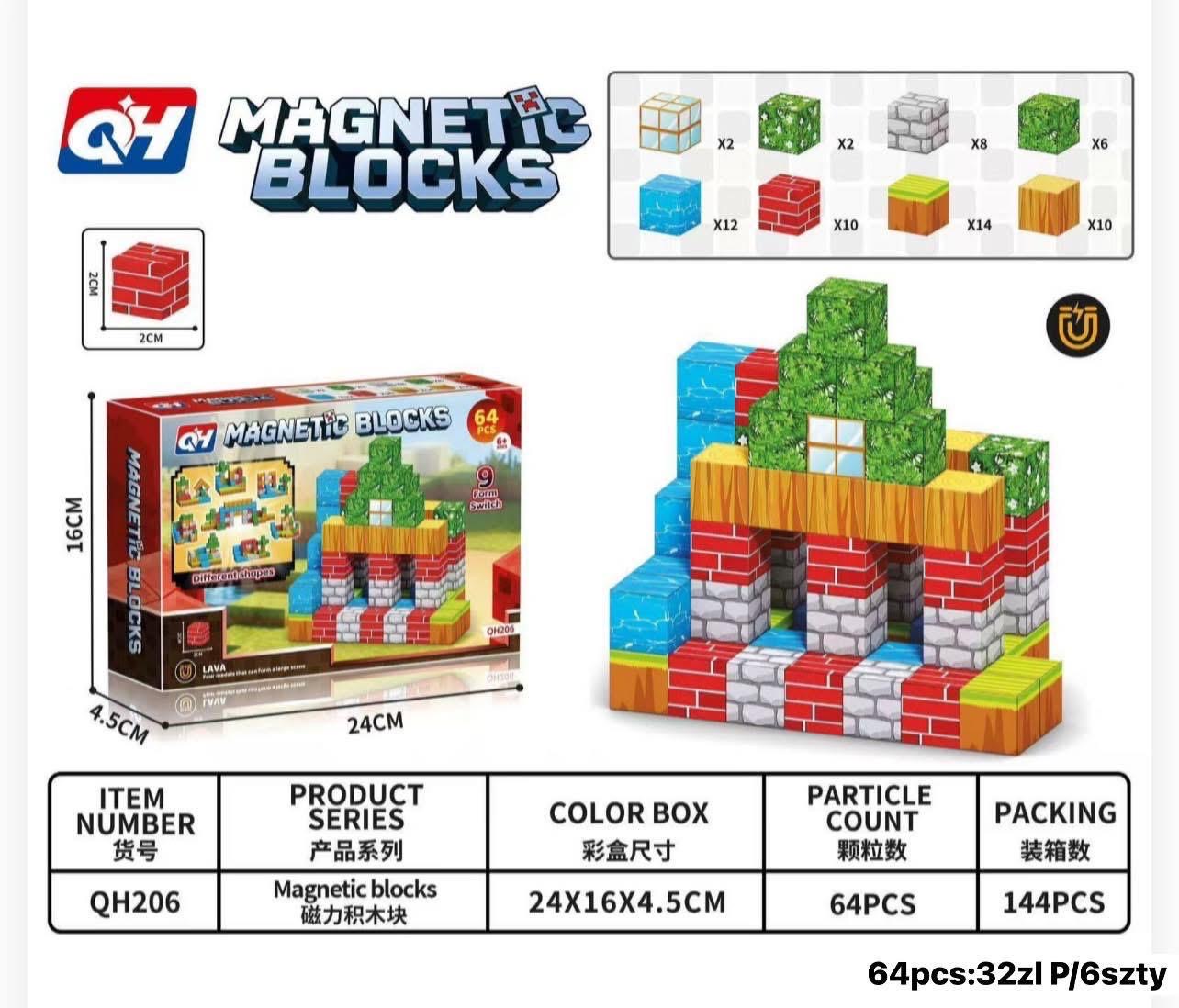 KLOCKI MAGNETYCZNE MINECRAFT 64 ELEMENTÓW.