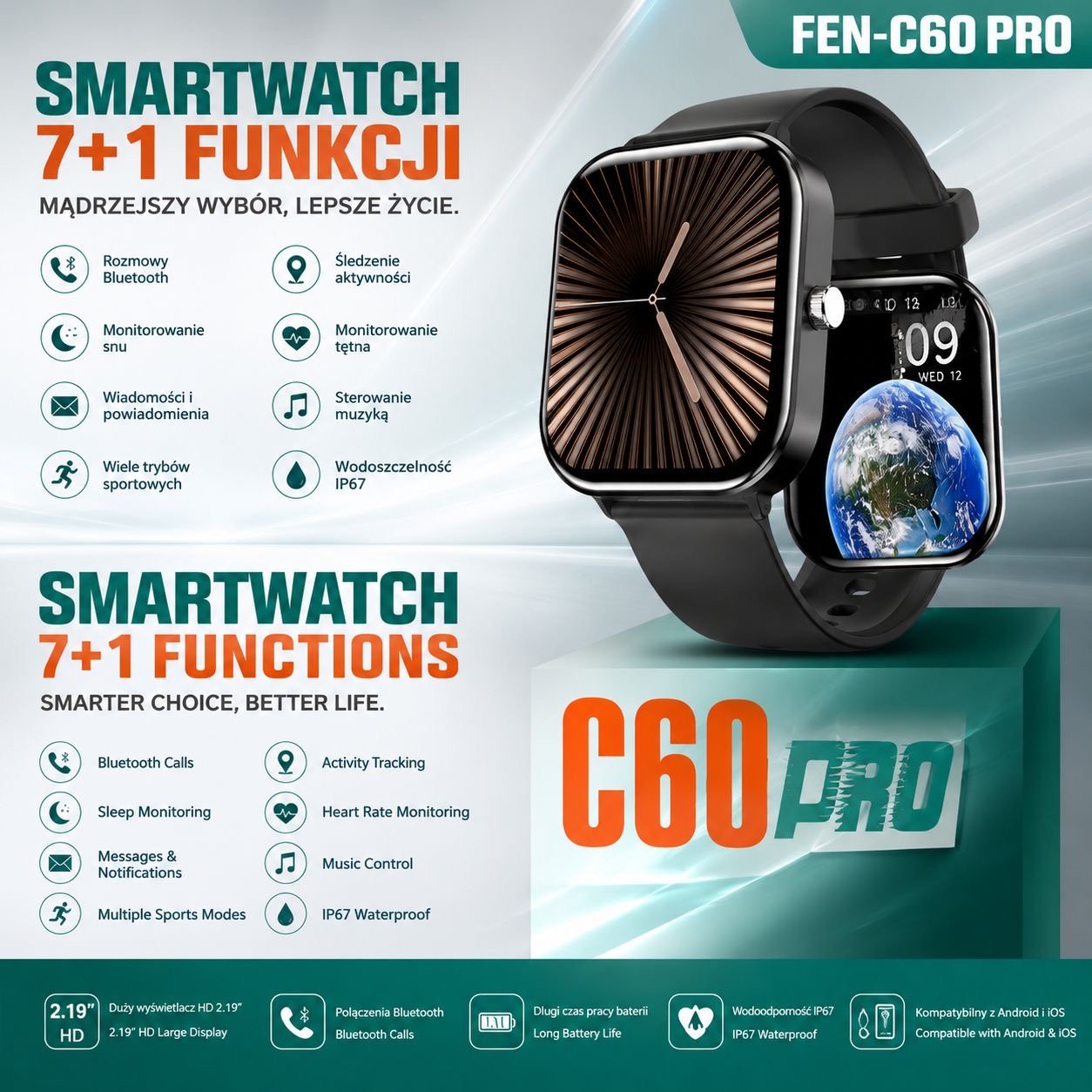 ZEGAREK SMARTWATCH SMARTBAND C60 PRO OPASKA. - obrazek 2