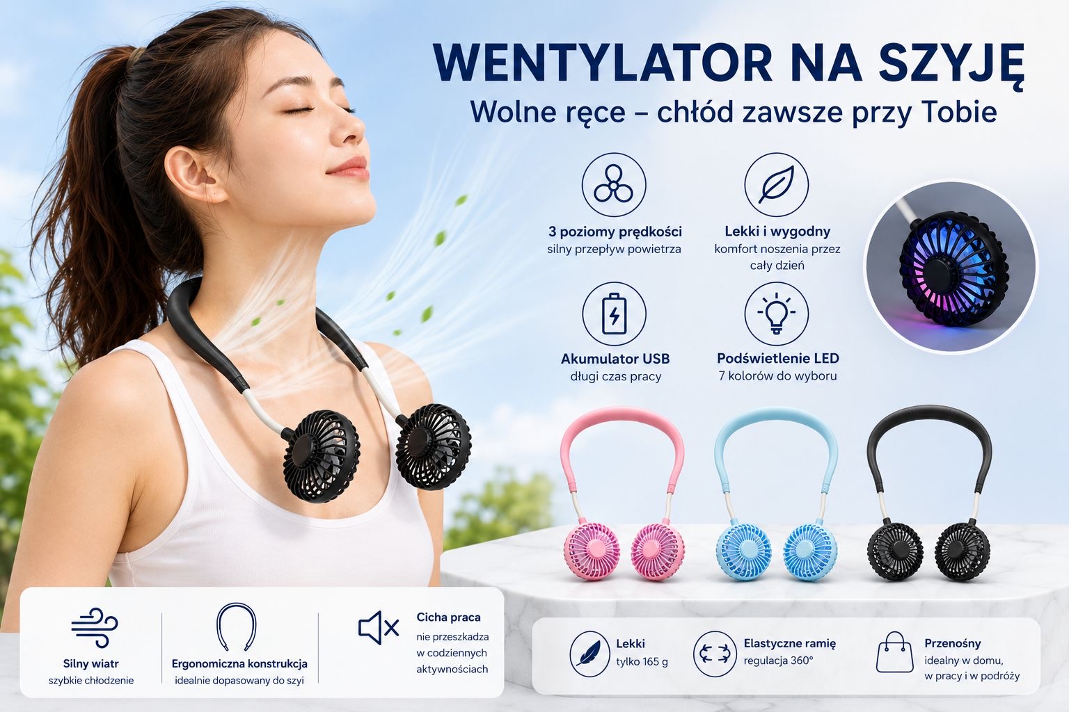 WENTYLATOR MINI NA SZYJĘ USB BEZPRZEWODOWY.