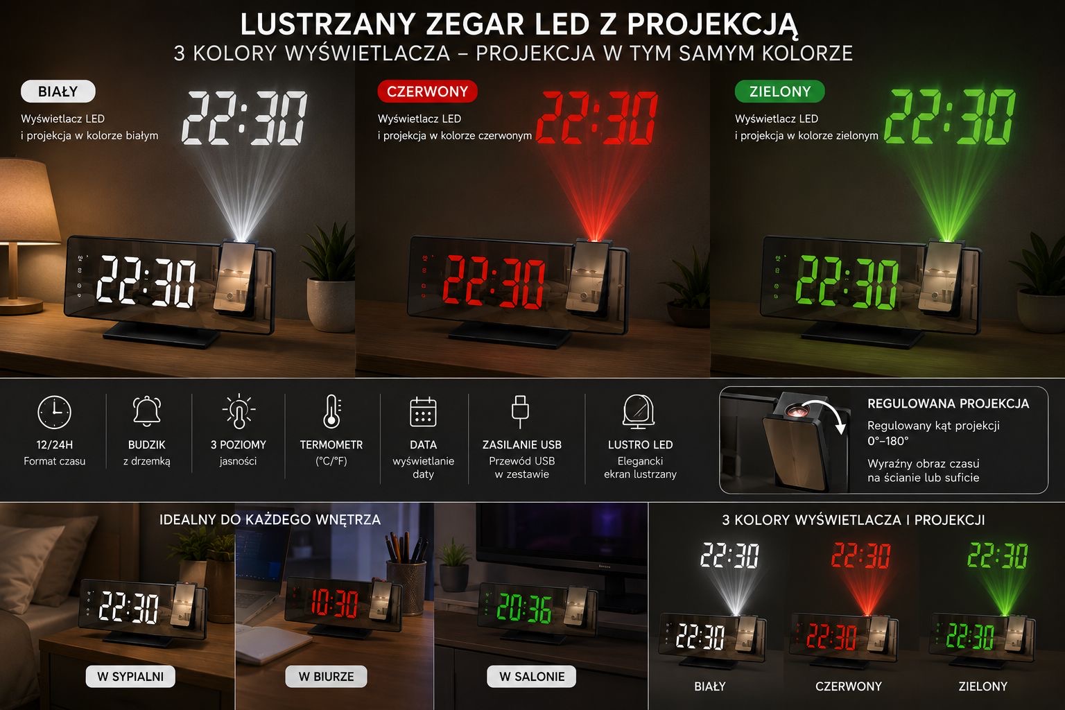 CYFROWY ZEGAR LED Z LUSTREM BUDZIKIEM i TERMOMETREM.