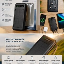 POWER BANK Z PANELEM SŁONECZNYM i WBUDOWANYMI KABLAMI.