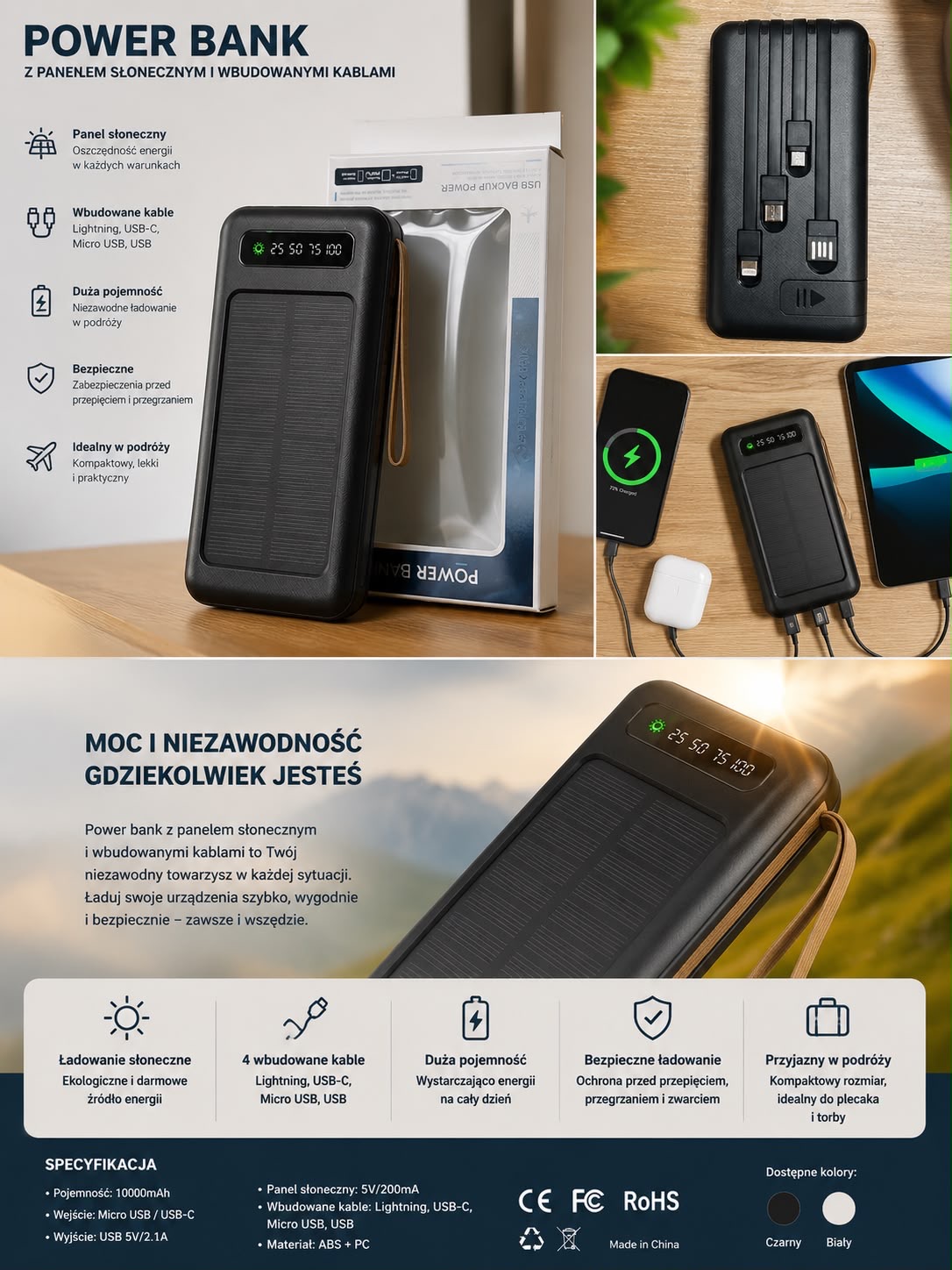 POWER BANK Z PANELEM SŁONECZNYM i WBUDOWANYMI KABLAMI.