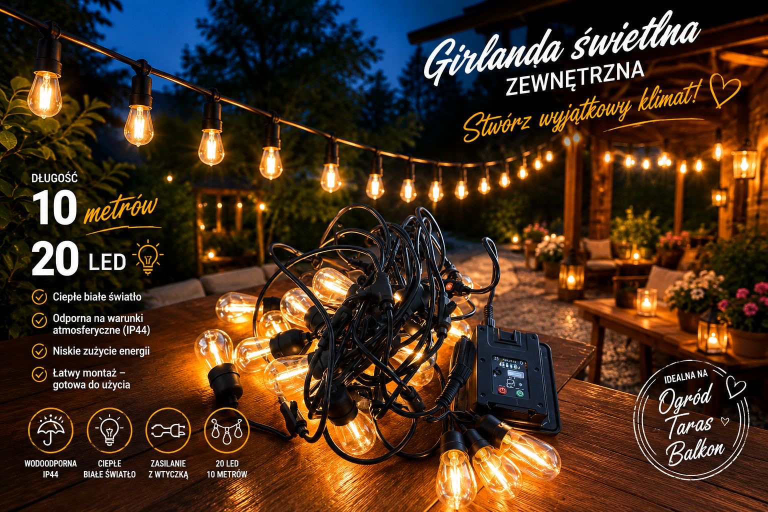 GIRLANDIA ŚWIETLNA ZEWNĘTRZNA 10 METR 20LEDY.