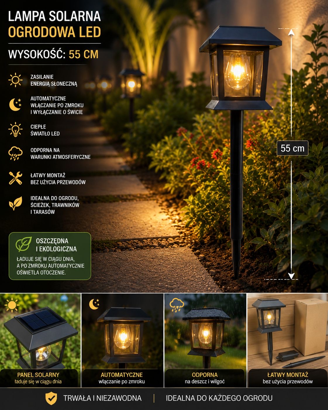 LAMPA SOLARNA OGRODOWA LED WYSOKOŚĆ 55CM.