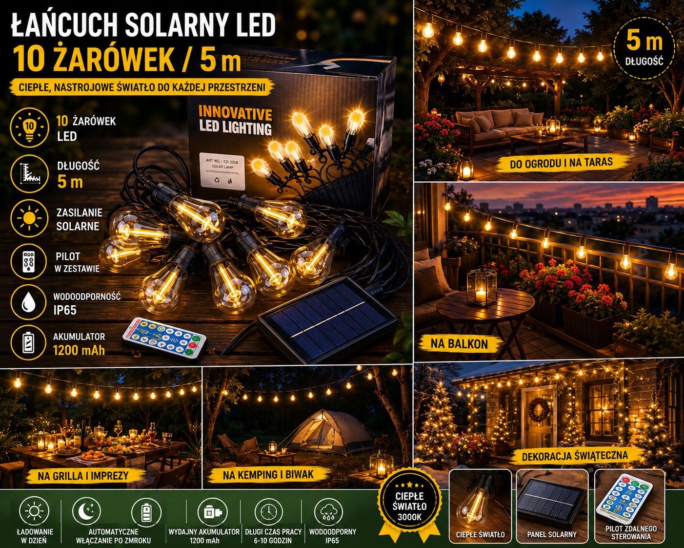 ŁAŃCUCH SOLARNY LED 10 ŻARÓWEK 5M. - obrazek 2