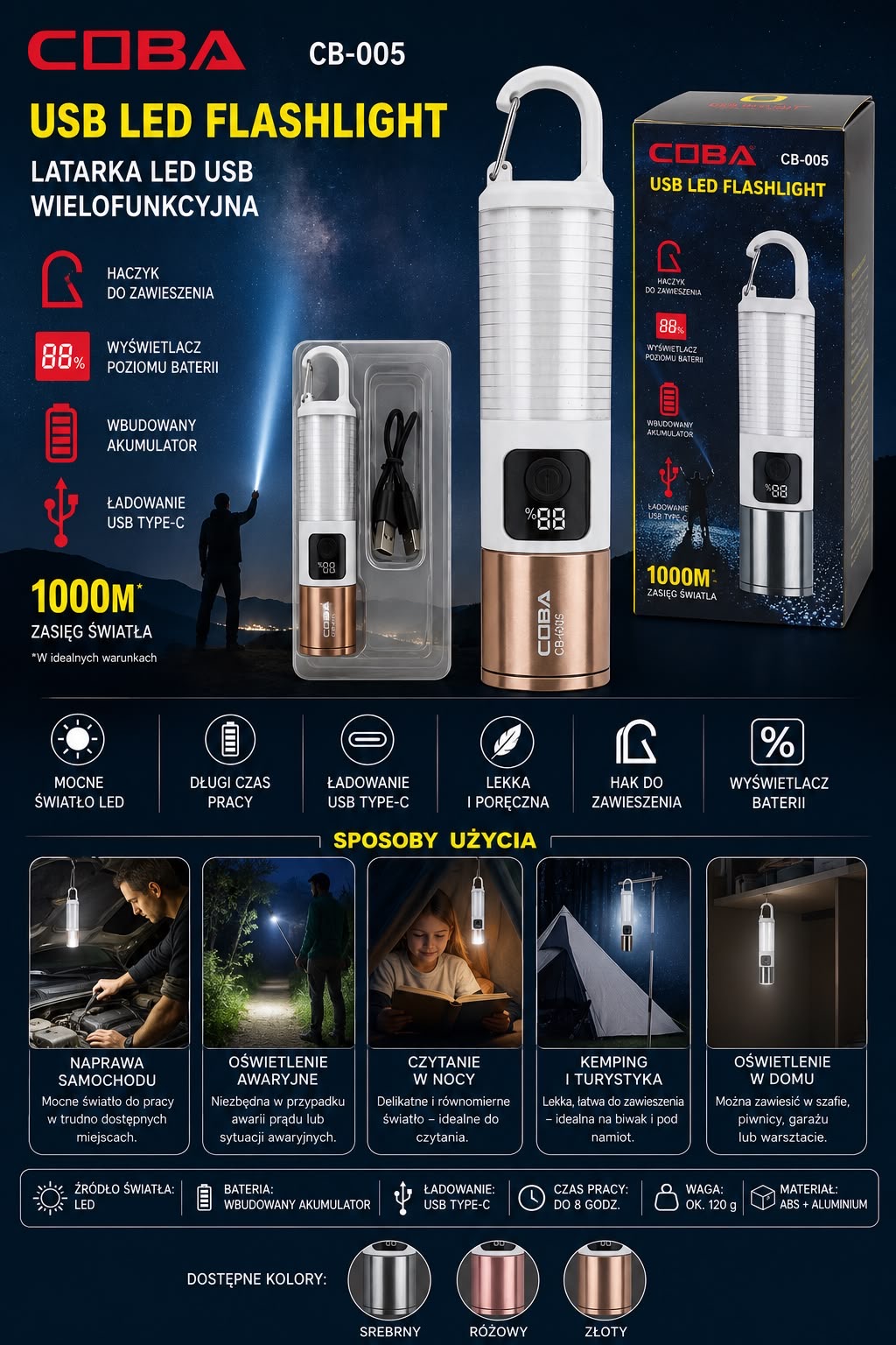 LATARKA AKUMULATOROWA LED COBA USB-C. - obrazek 2