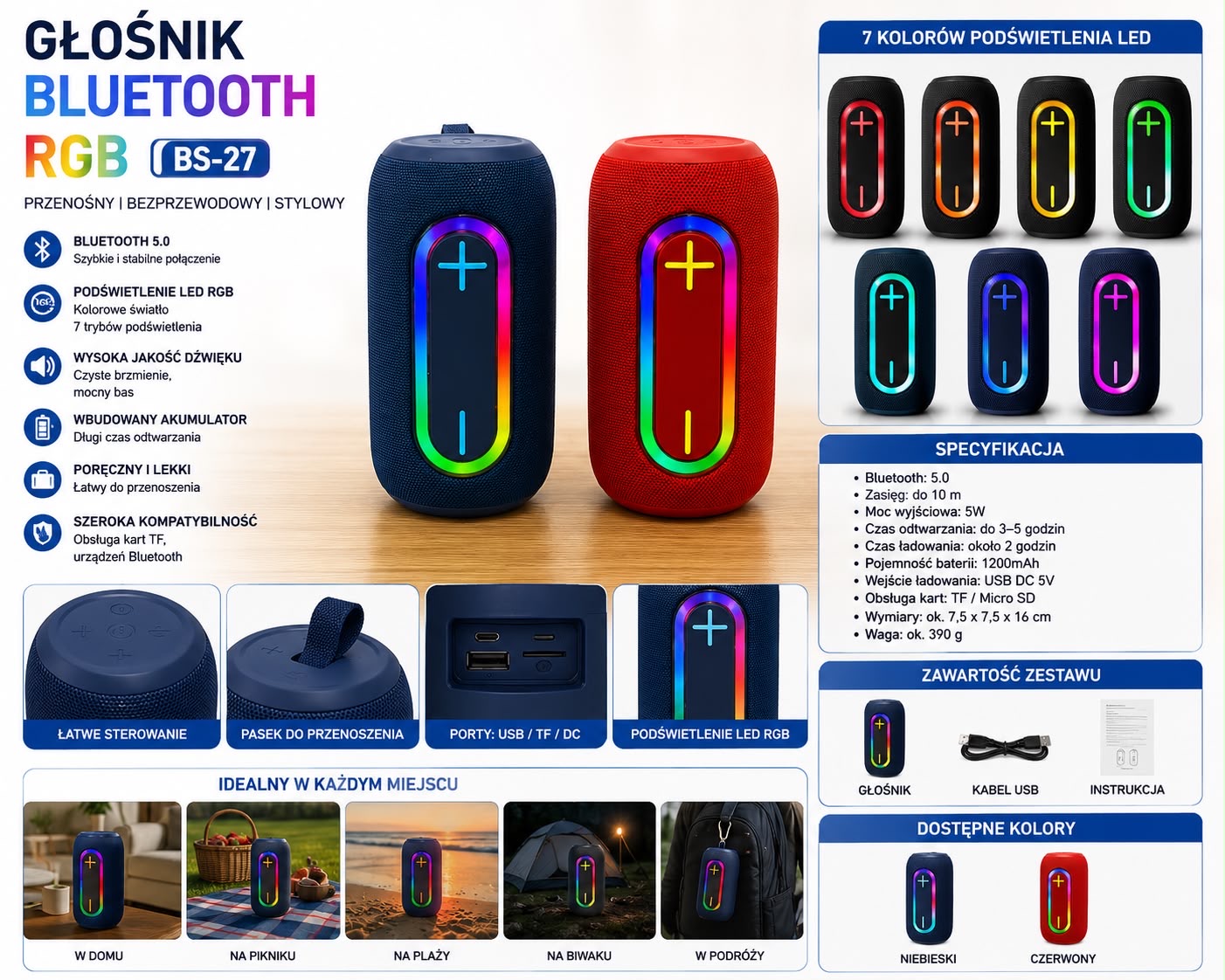 GŁOŚNIK BEZPRZEWODOWY BLUETOOTH LED.