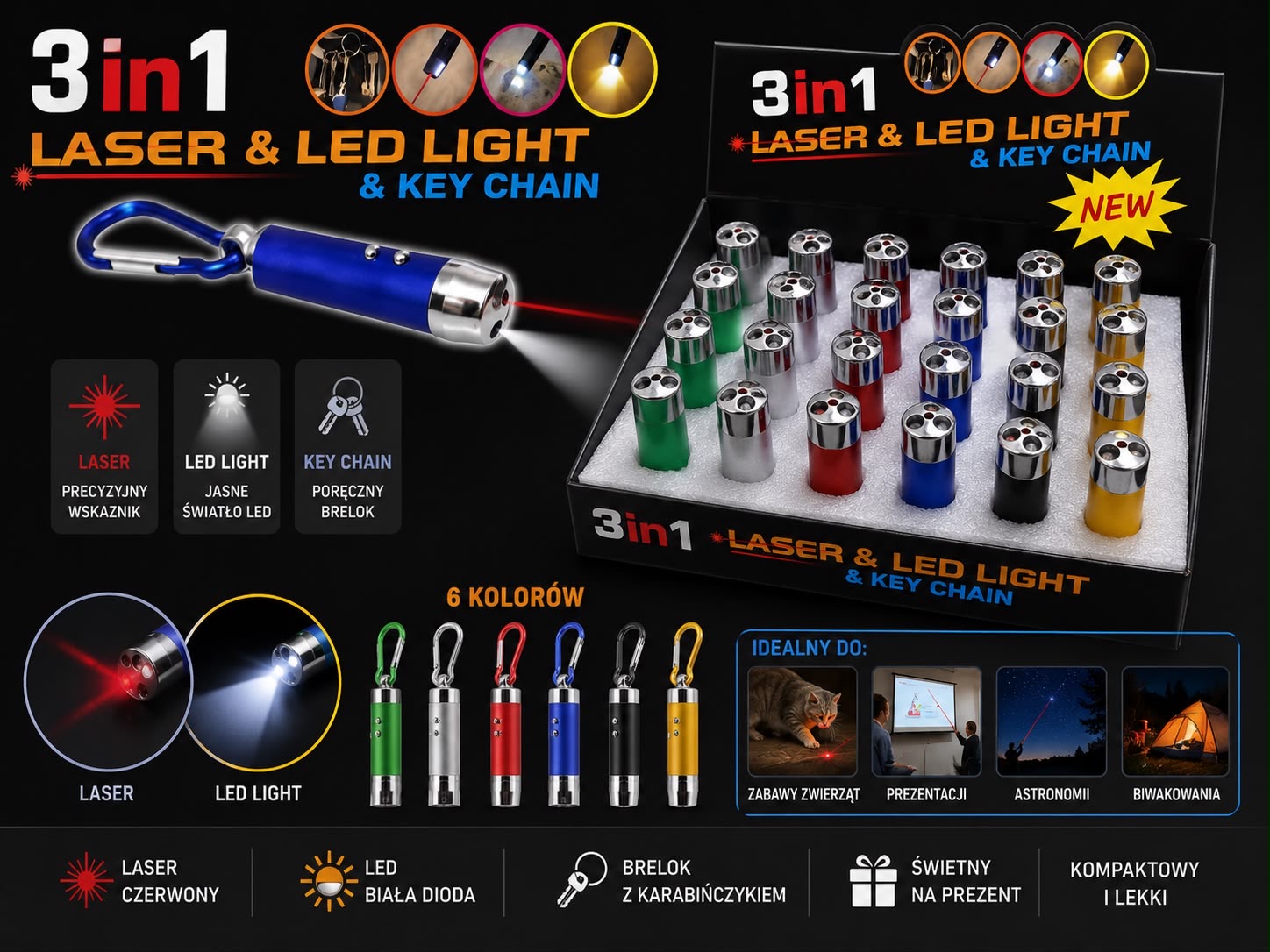 LATARKA MINI LASER LED 3W1 Z KARABIŃCZYKIEM.