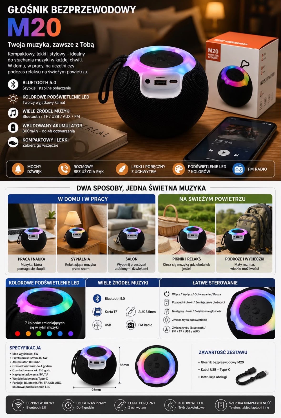 GŁOŚNIK BLUETOOTH M20 Z PODŚWIETLENIEM LED.