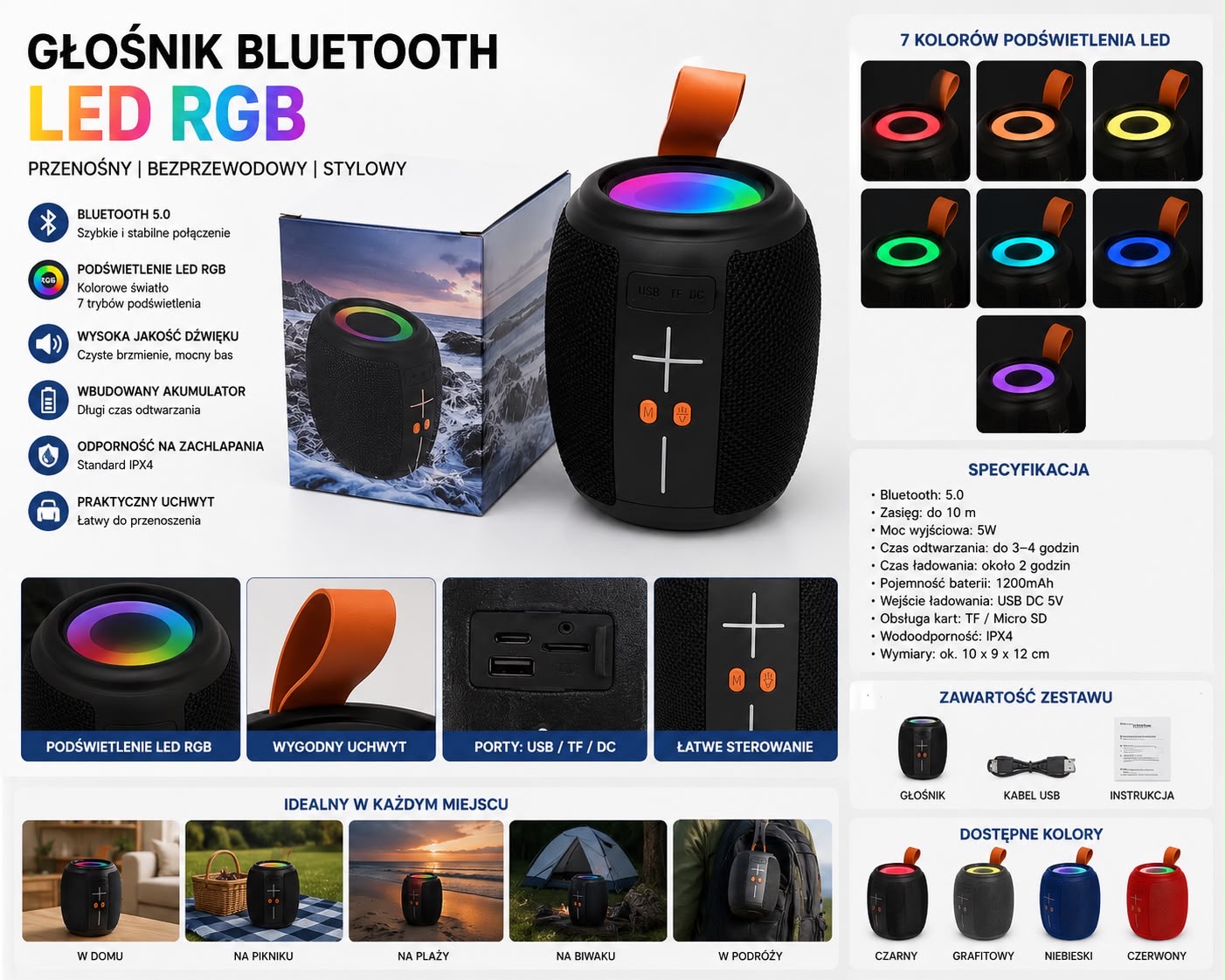 GŁOŚNIK PRZENOŚNY BLUETOOTH LED RGB IPX4.