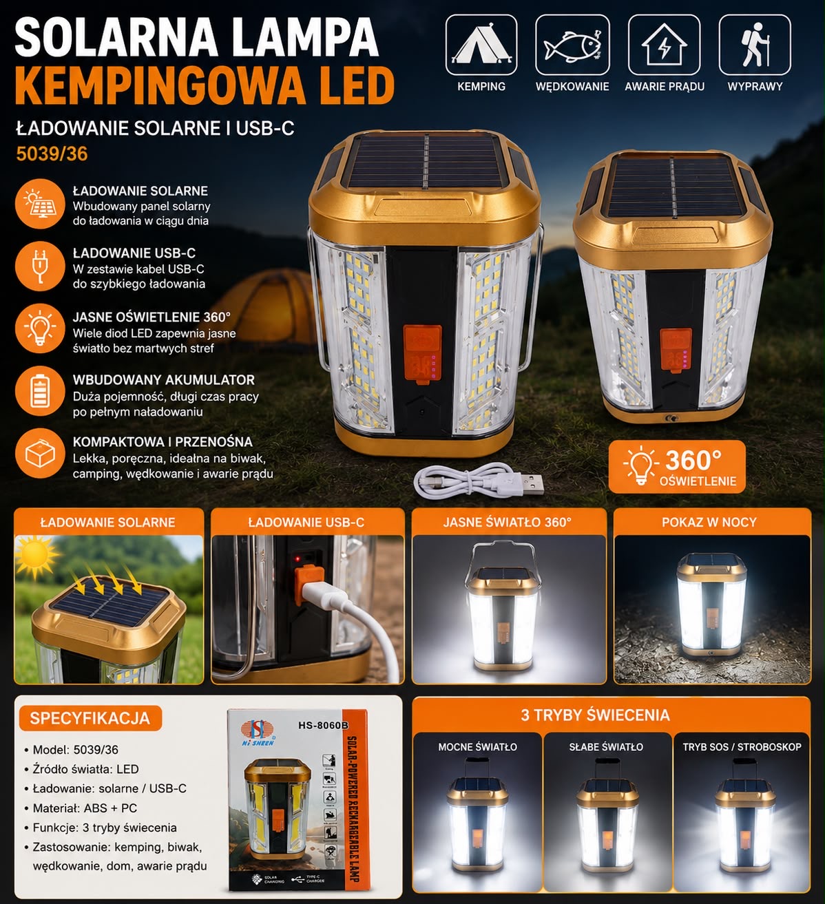 LAMPA SOLARNA KEMPINGOWA LED USB-C.