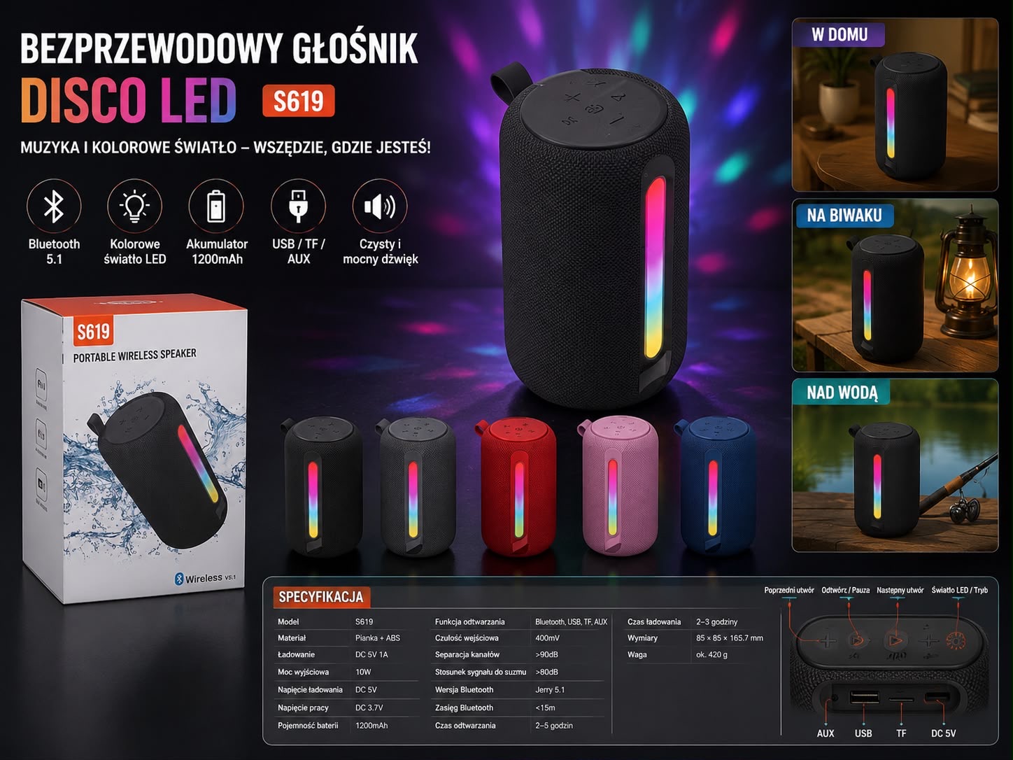 GŁOŚNIK BLUETOOTH LED RGB BEZPRZEWODOWY.