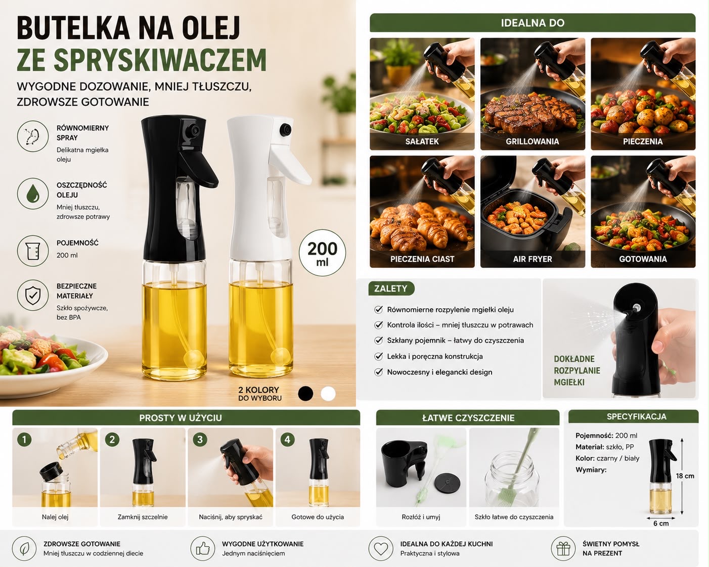 SZKLANA BUTELKA SPRYSKIWACZ DO ELEJU OLIWY 200ml.