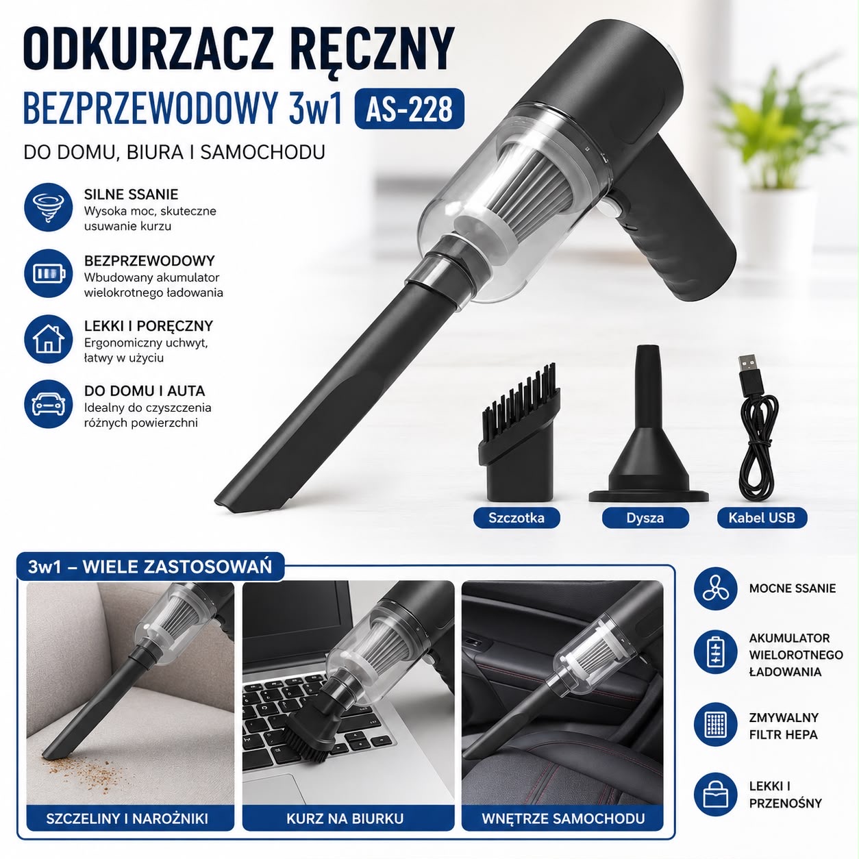 ODKURZACZ PRZENOŚNY RĘCZNY 3W1.