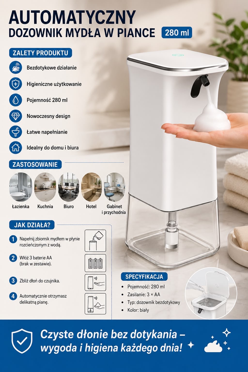 DOZOWNIK MYDŁA AUTOMATYCZNY W PIANCE 280ml.