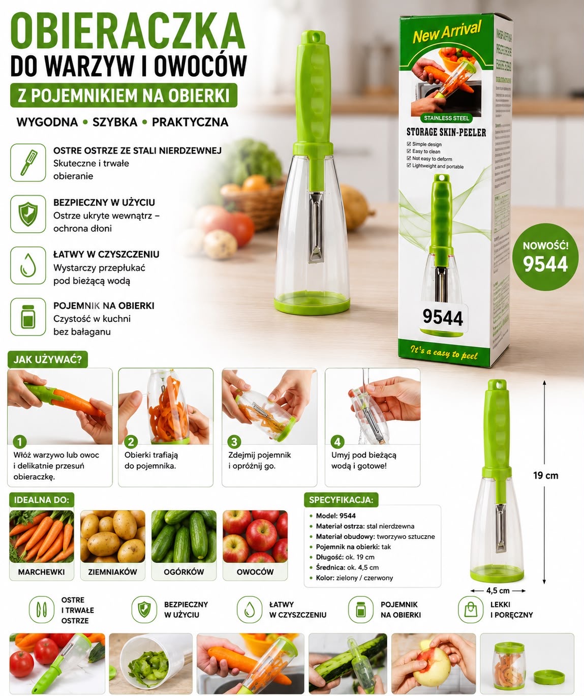 OBIERACZKA DO WARZYW i OWOCÓW Z POJEMNIKIEM.