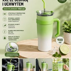 KUBEK TERMICZNY XXL ZE SŁOMKĄ i UCHWYTEM ZIELONY.