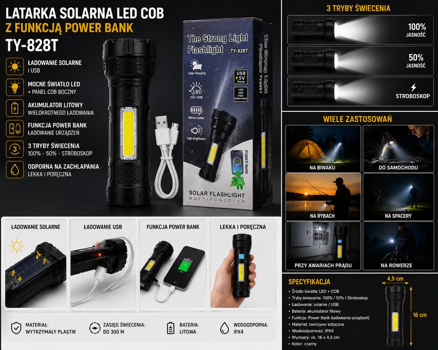 LATARKA SOLARNA LED COB USB Z FUNKCJA.