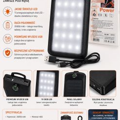 POWERBANK SOLARNY 20000mAh LAMPA LED.