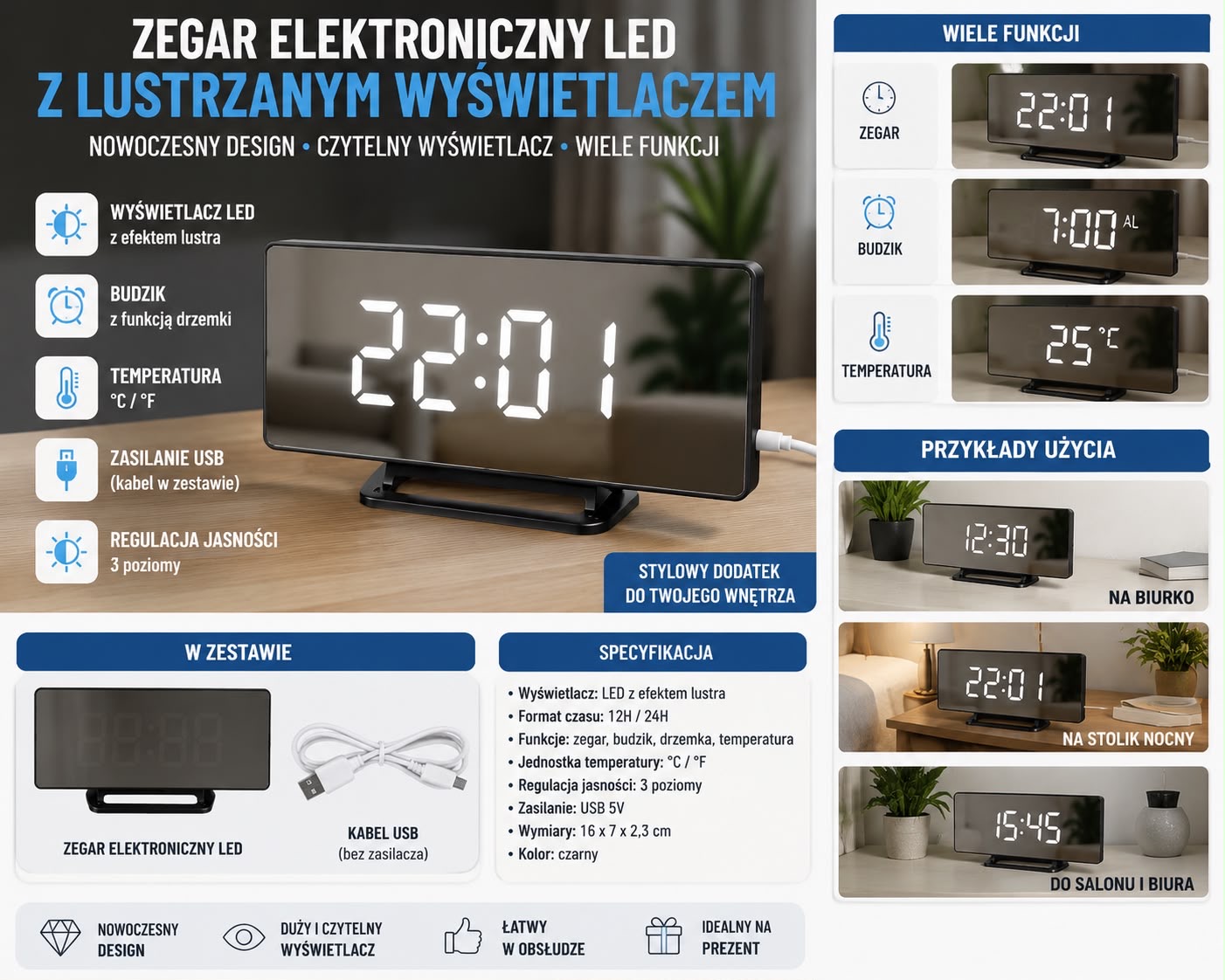 ZEGAR LED LUSTRZANY WYŚWIETLACZ CYFROWY USB.