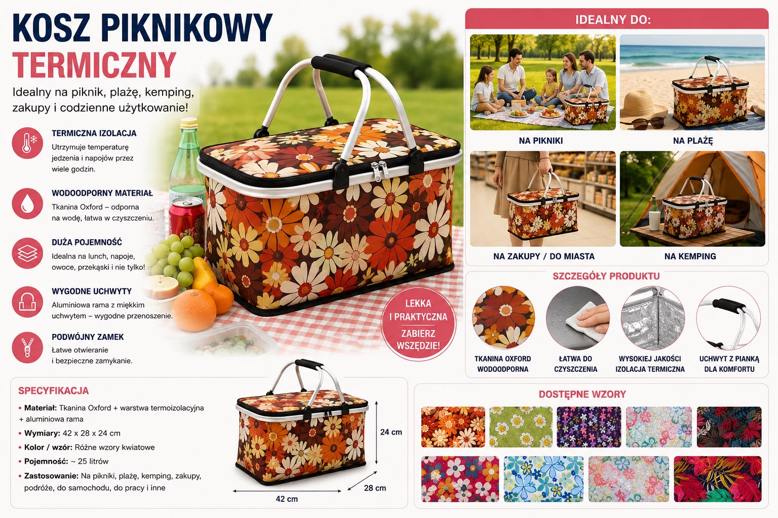 KOSZ TERMICZNY PIKNIKOWY SKŁADANY. - obrazek 3