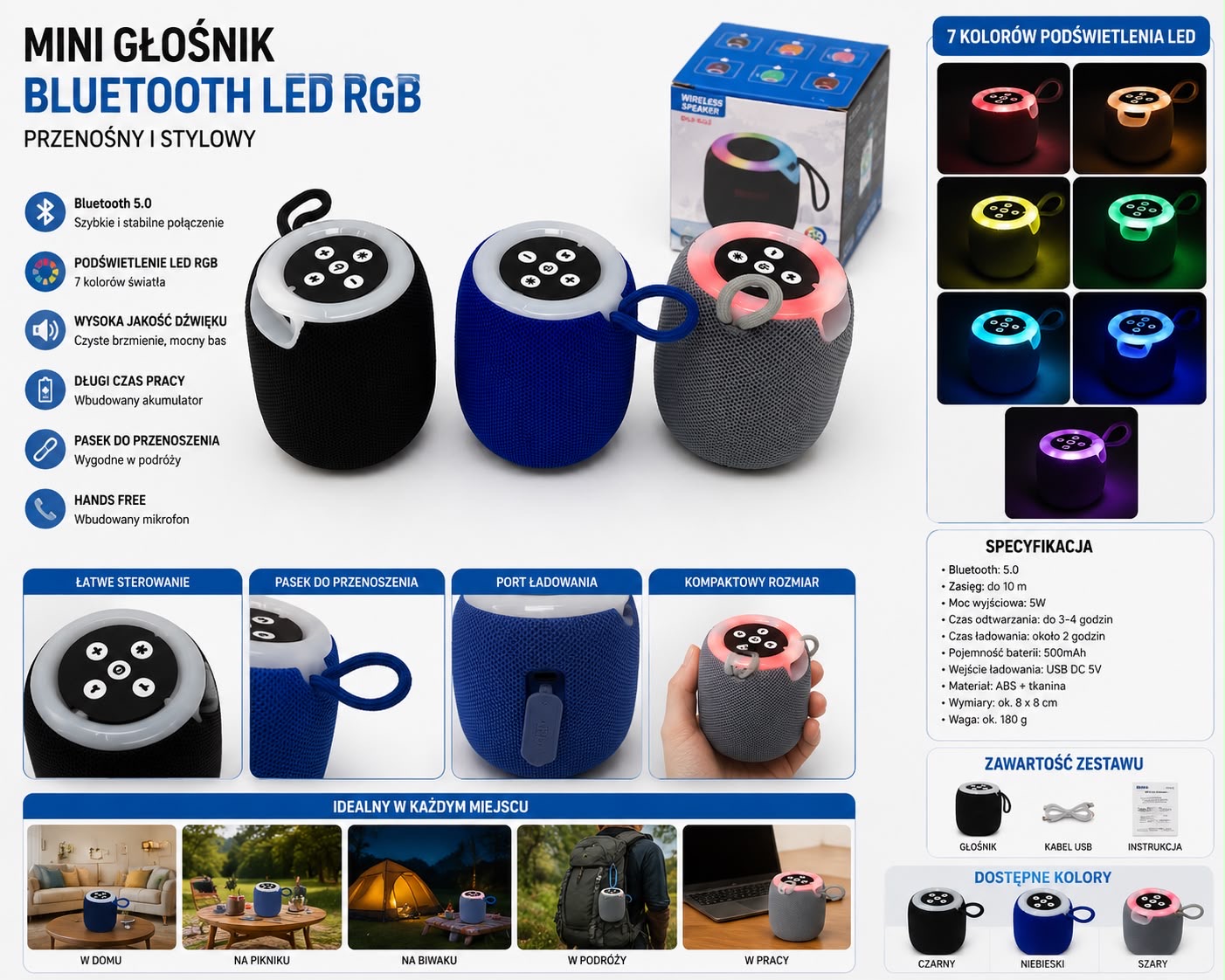 GŁOŚNIK MINI BEZPRZEWODOWY BLUETOOTH RGB.