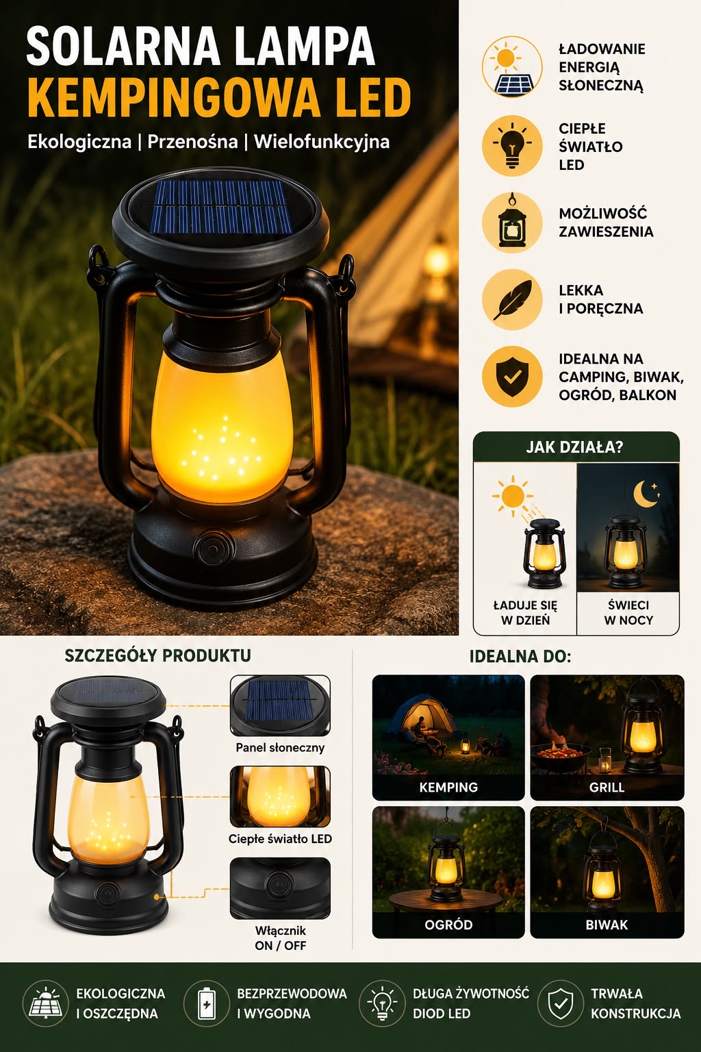 LAMPA SOLARNA KEMPINGOWA LEDOWA.