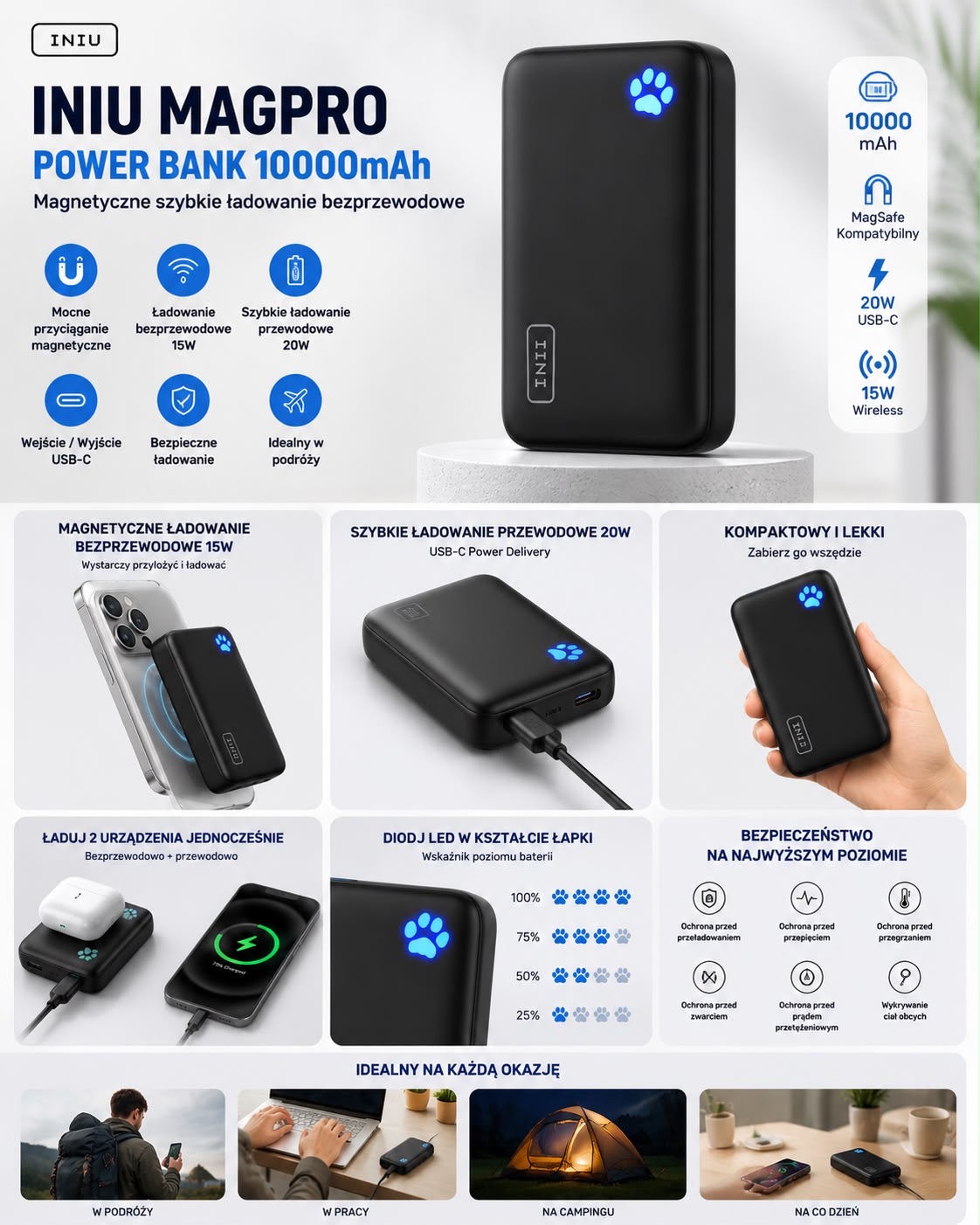 POWERBANK MAGNETYCZNY MAGDAFE 20W-10000mAh.