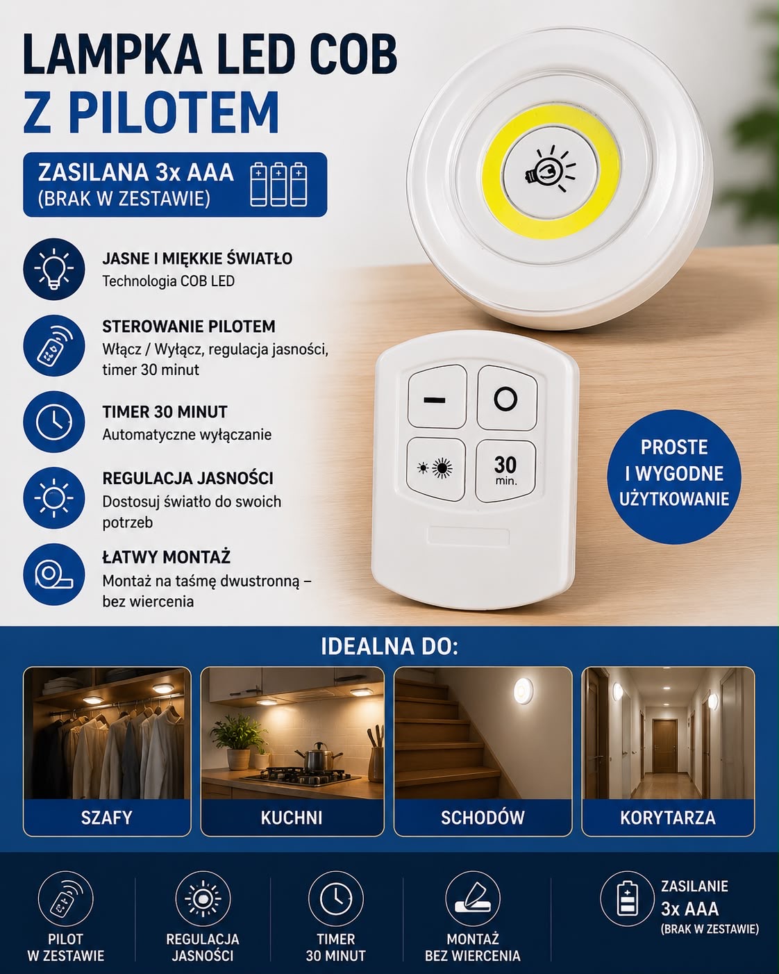 LAMPKA LED COB Z PILOTEM ZASILANA 3 BATERIA AAA.
