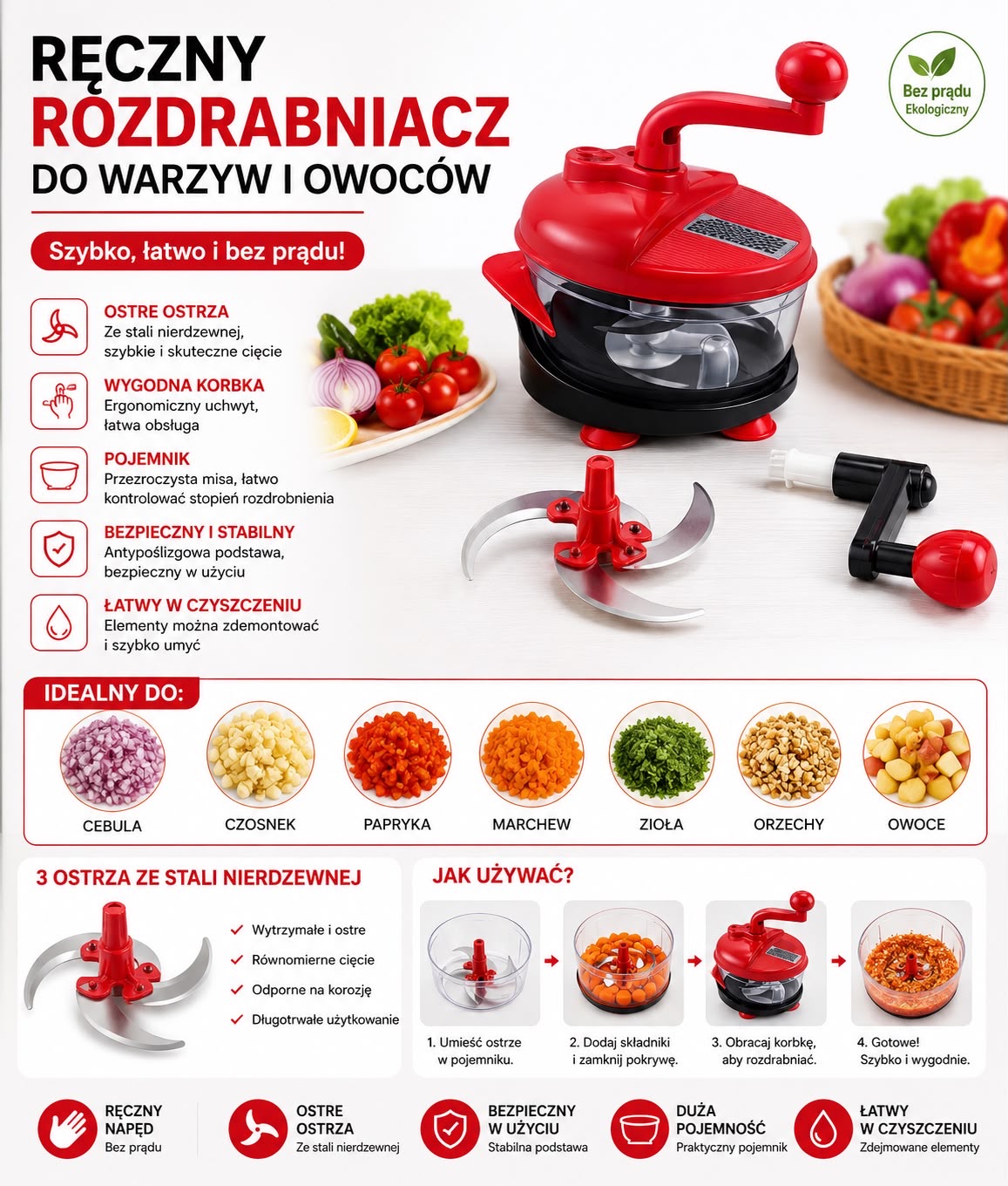 ROZDRABNIACZ RĘCZNY DO WARZYW i OWOCÓW Z KORBKA.
