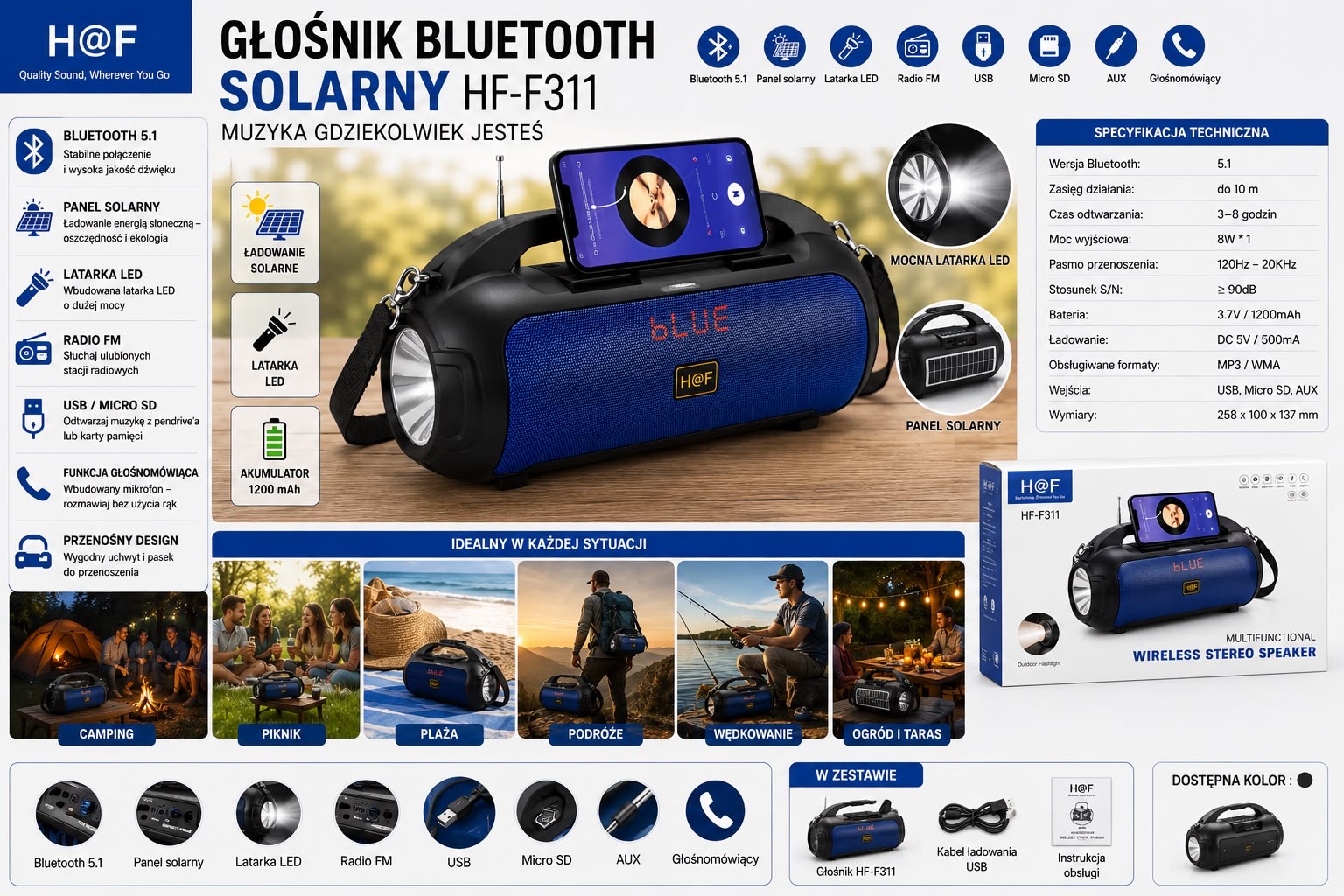 GŁOŚNIK BLUETOOTH WIELOFUNKCYJNY SOLARNA.