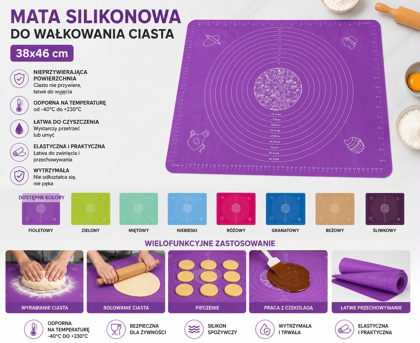 MATA SILIKONOWA DO WAŁKOWANIA CIASTA 38x46CM.