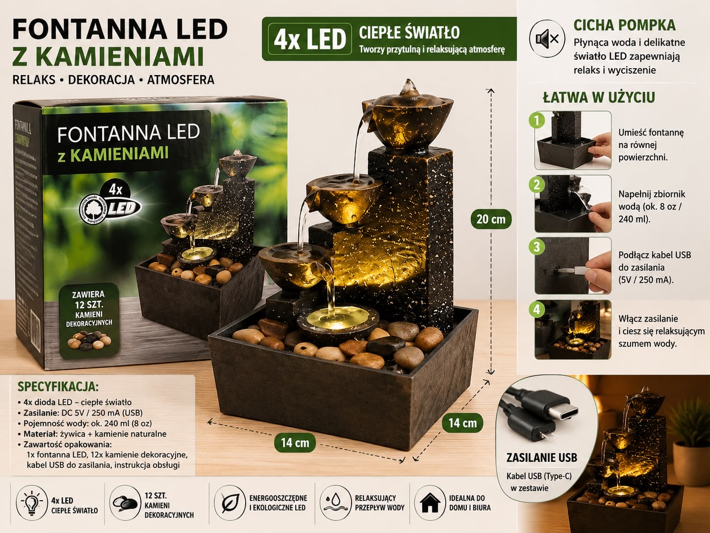 FONTANNA WODNA LED Z KAMIENIAMI DEKORACYJNYMI. - obrazek 2
