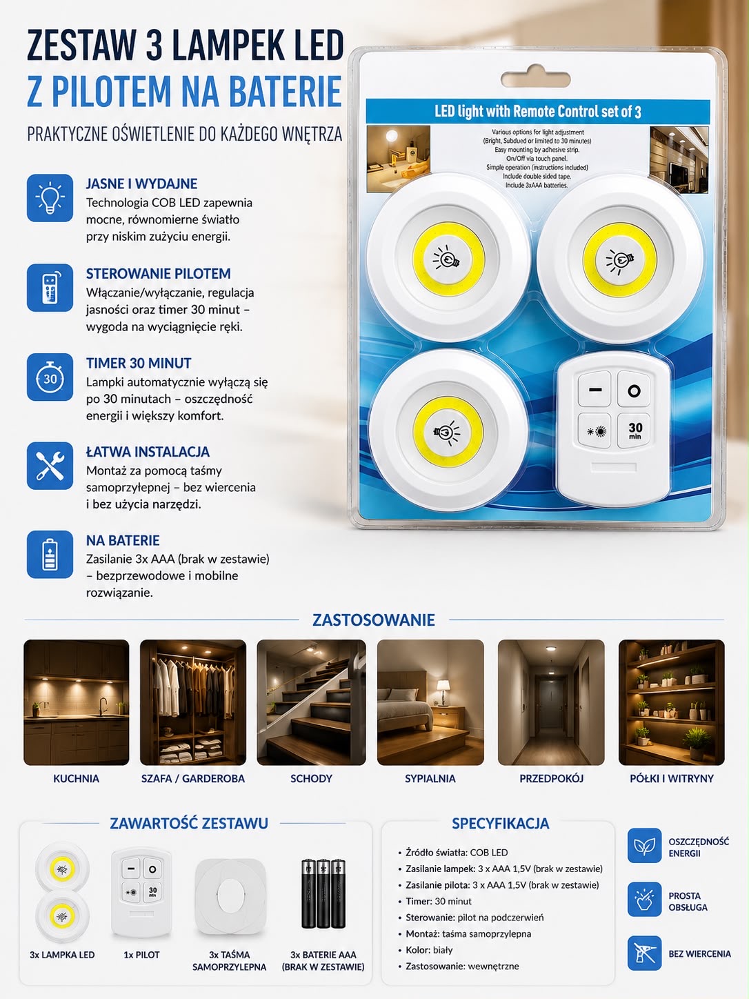 LAMPKI LED COB 3PCS Z PILOTEM.