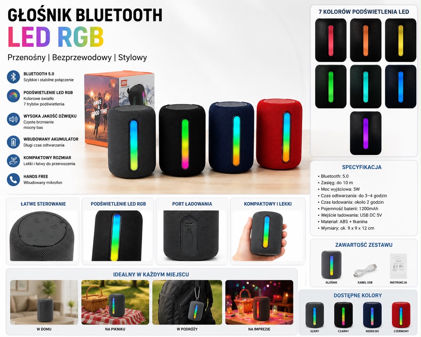 GŁOŚNIK BEZPRZEWODOWY BLUETOOTH Z KOLOROWYM.