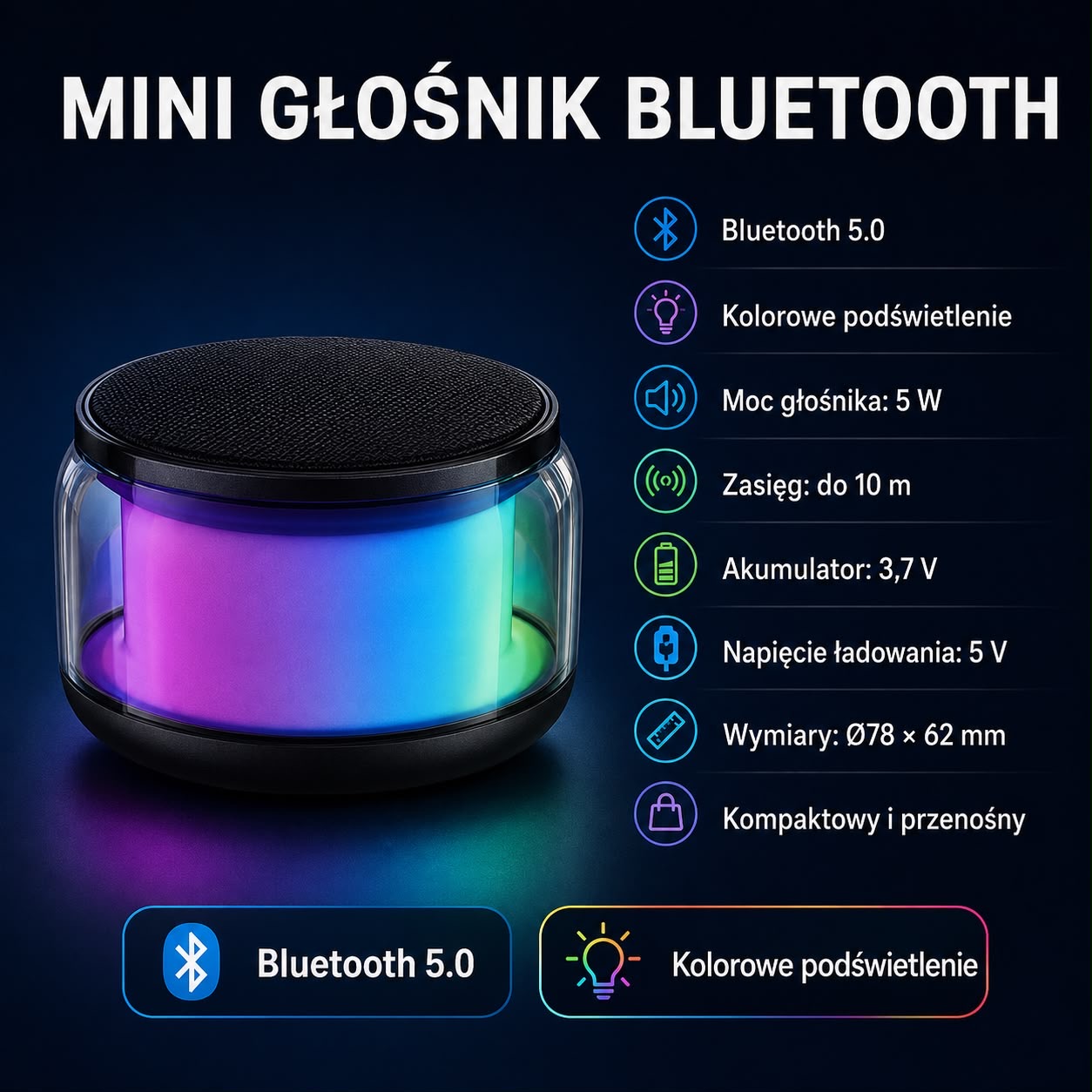 Mini głośnik Bluetooth 5.0 z kolorowym podświetleniem LED, 5 W. - obrazek 2