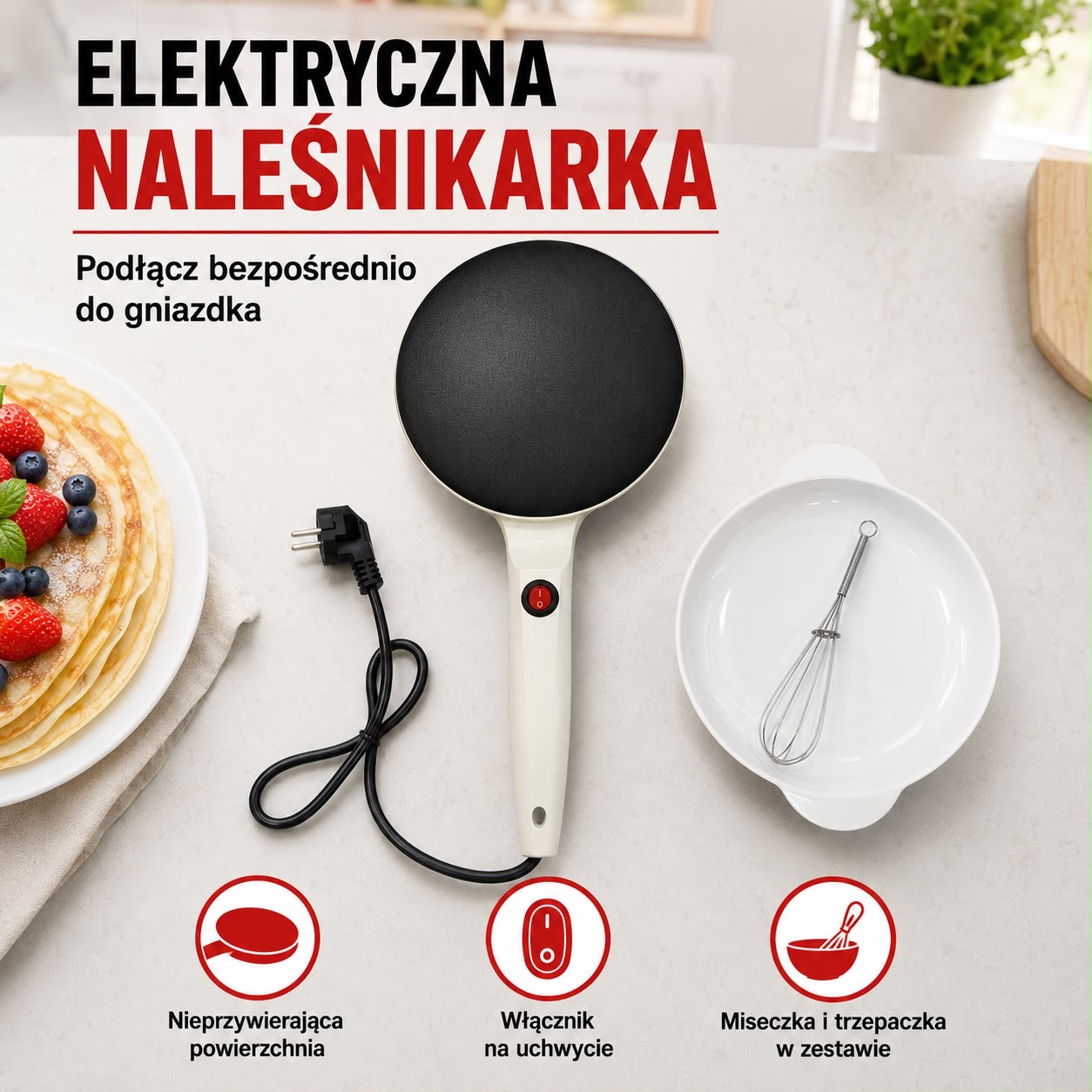 Elektryczna naleśnikarka przewodowa z miseczką i trzepaczką.