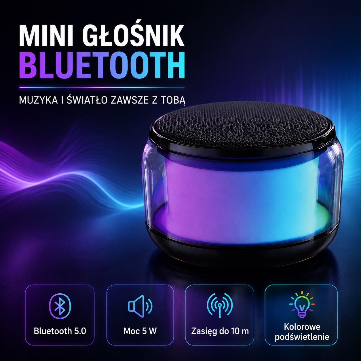 Mini głośnik Bluetooth 5.0 z kolorowym podświetleniem LED, 5 W.